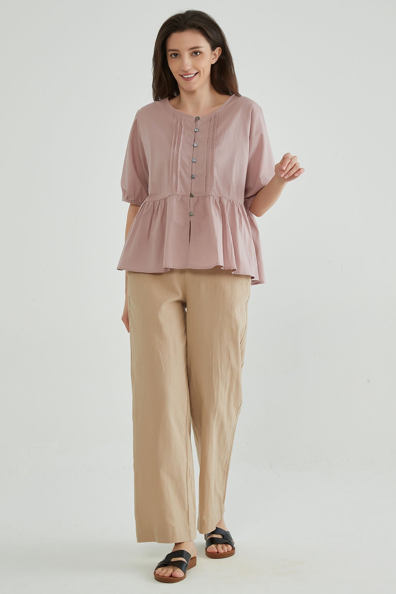 Pink Cotton Linen Crinkle Top - Whisper Mint